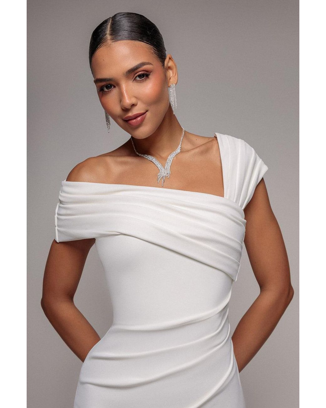 Goddiva Gray Scuba Crepe Pleated Drop Shoulder Midi Dress
