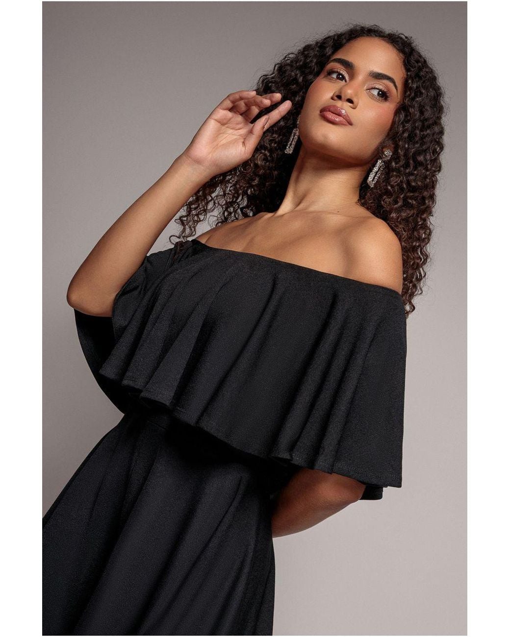 Goddiva Black Off The Shoulder Frill Neck Skater Playsuit