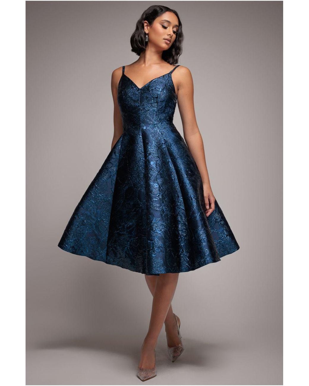 Goddiva Blue Jacquard Sleeveless A-Line Midi Dress