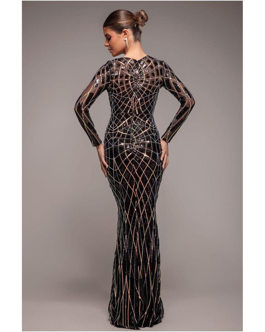 Goddiva Black Geo Sequin Long Sleeve Maxi Dress