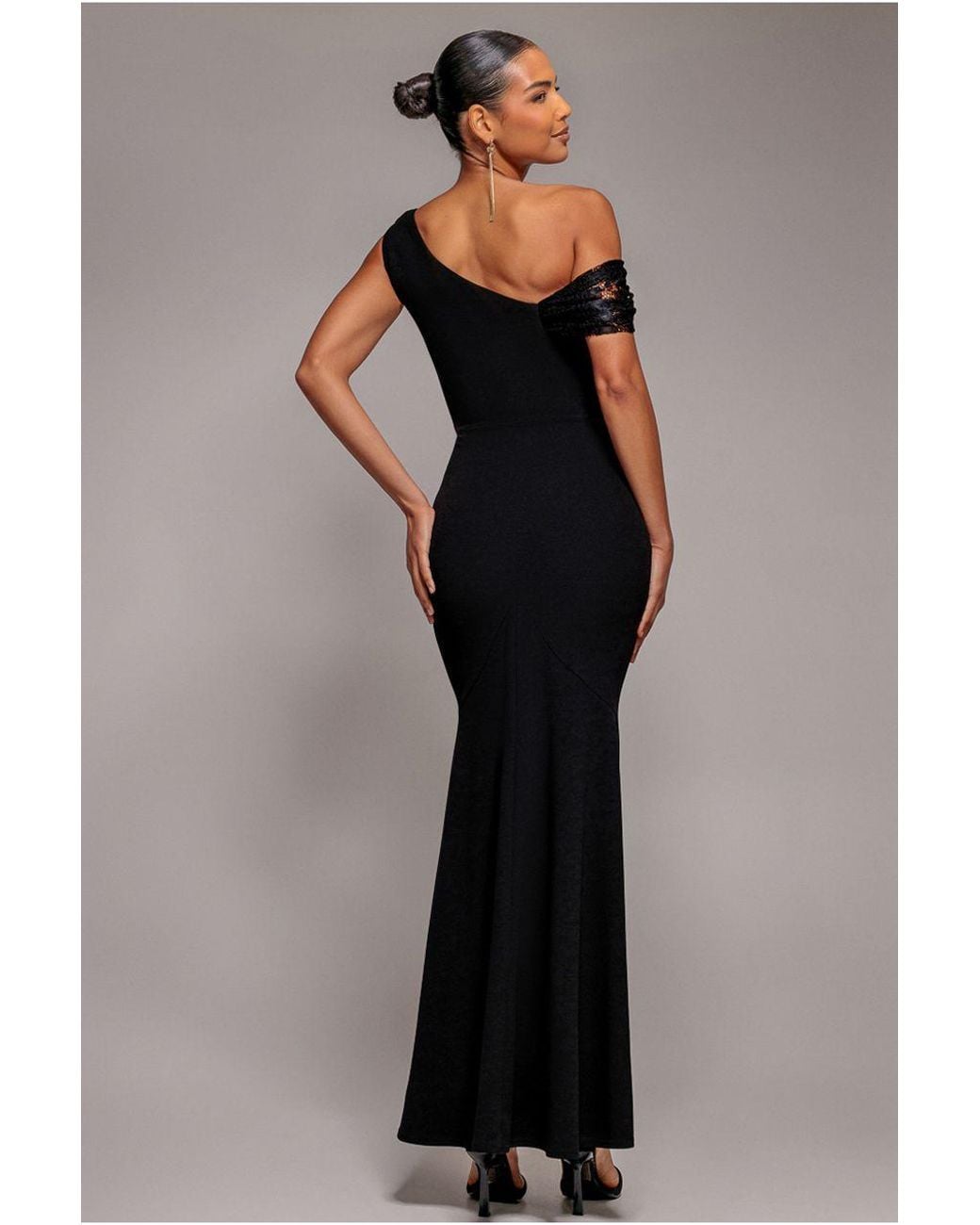 Goddiva Gray Lace Cowl One Shoulder Scuba Crepe Maxi Dress
