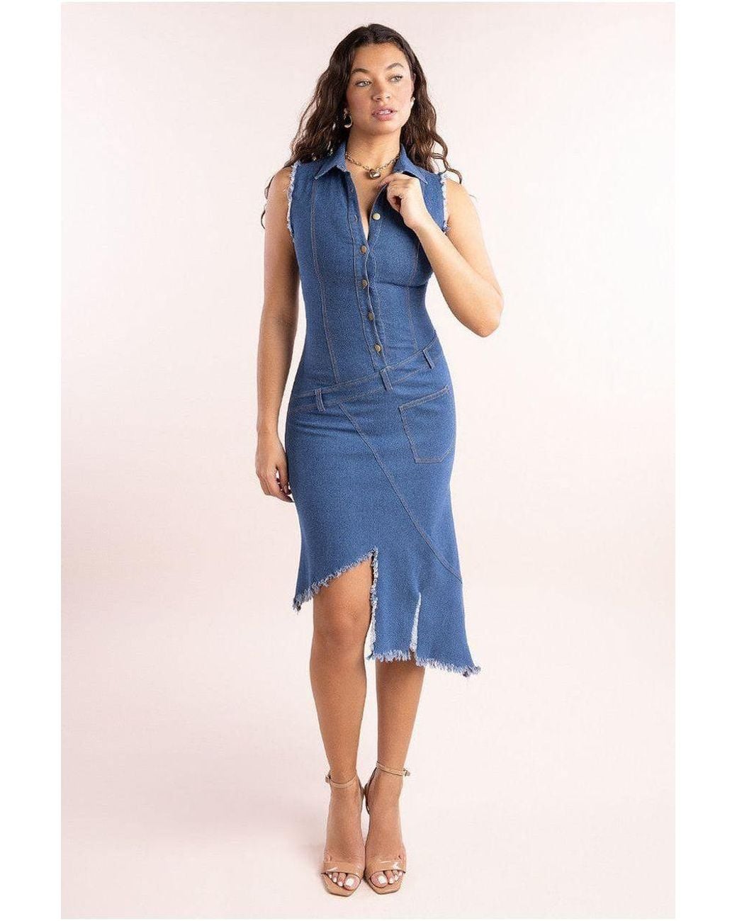 Goddiva Blue Denim Frayed Asymmetric Sleeveless Midaxi Shirt Dress
