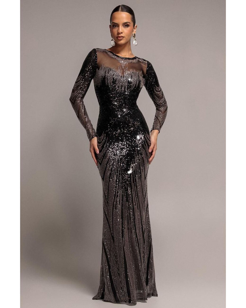 Goddiva Black Long Sleeve Aztec Sequin Maxi Dress