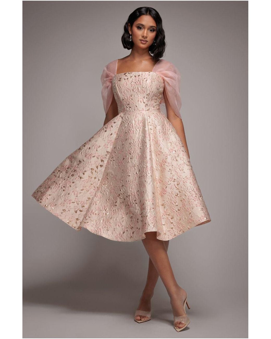 Goddiva Brown Lace Up Jacquard Midi Dress With Organza Wings