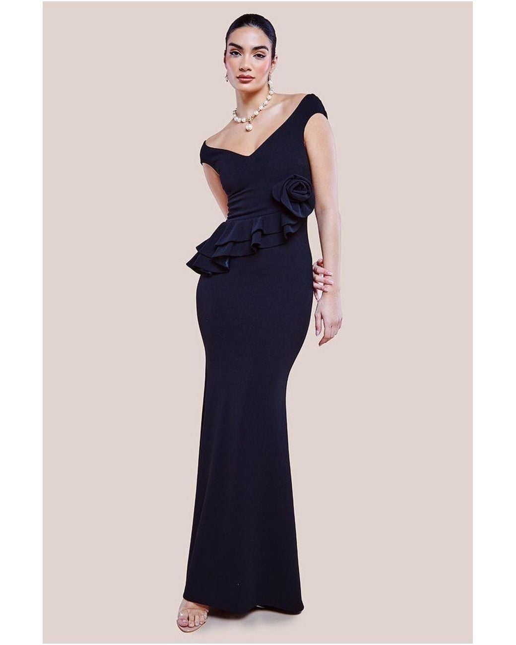 Goddiva Blue Scuba Crepe Rose Frill Maxi Dress