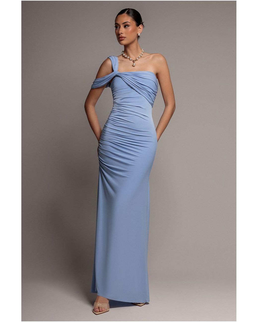 Goddiva Blue One Shoulder Asymmetric Twist Maxi Dress
