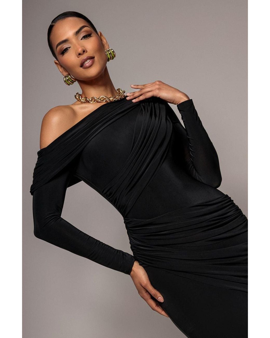 Goddiva Black Off Shoulder Gathered Panel Soft Touch Maxi Dress