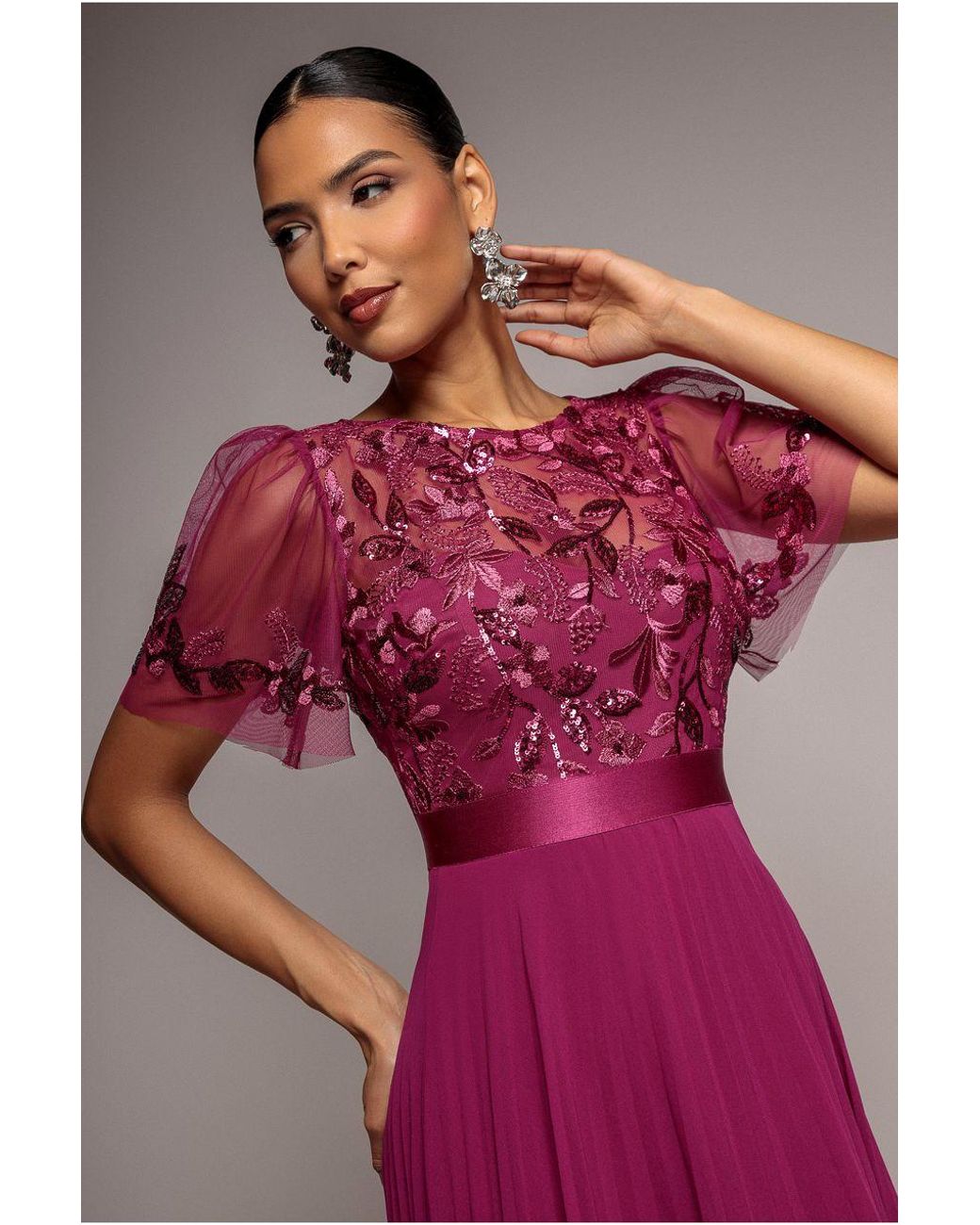 Goddiva Pink Embroidered Top Chiffon Pleated Midi