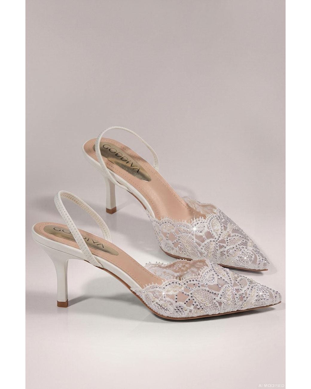 Goddiva Natural Embellished Scalloped Edged Lace Slingback Heels