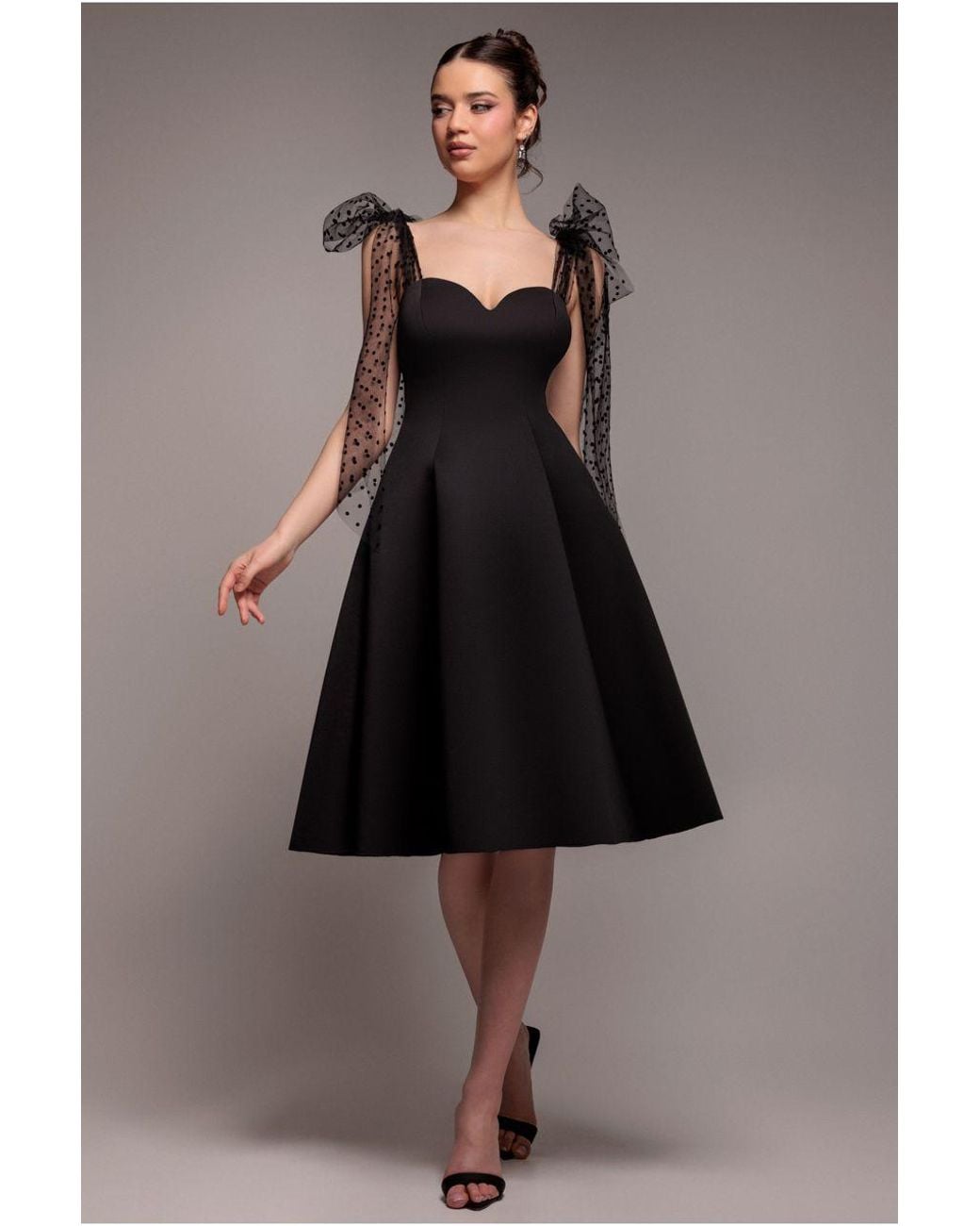 Goddiva Black Scuba & Polka Mesh Bella Bow Multiway A-Line Midi Dress