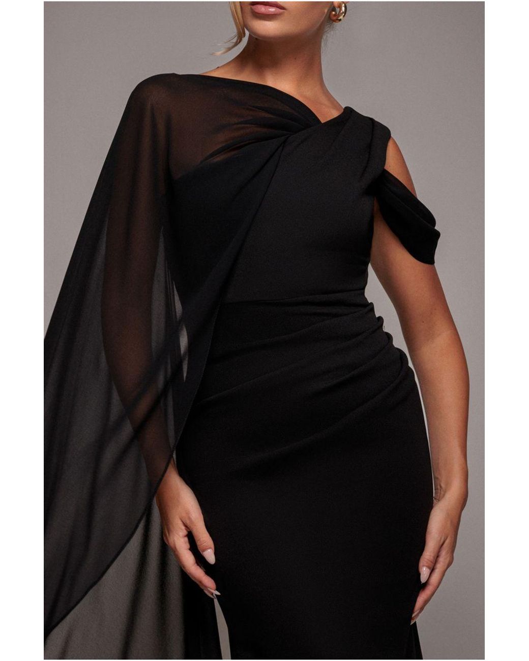 Goddiva Black One Shoulder Chiffon Cape Crepe Maxi Dress