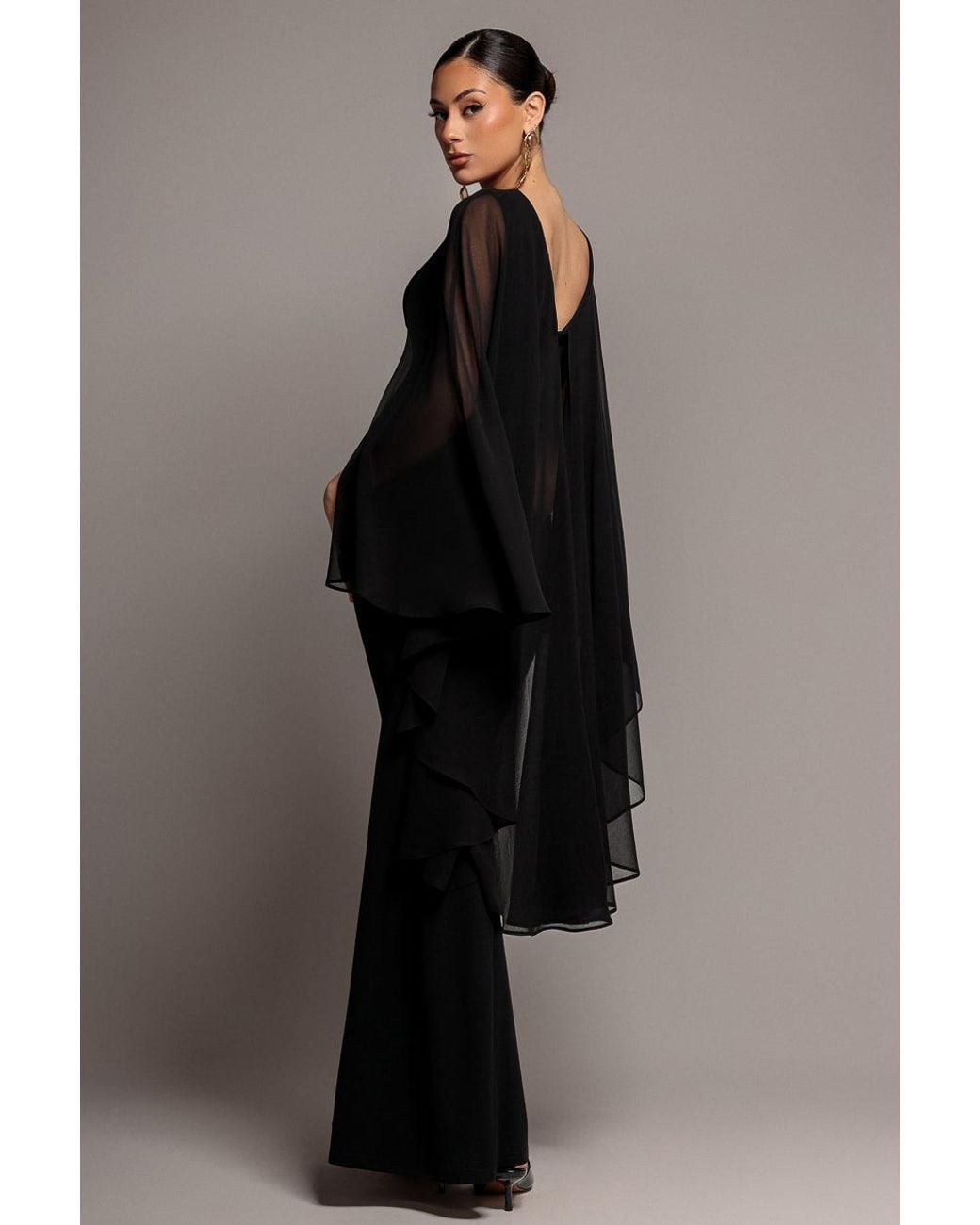 Goddiva Black Cape Sleeve Chiffon And Scuba Crepe Maxi Dress