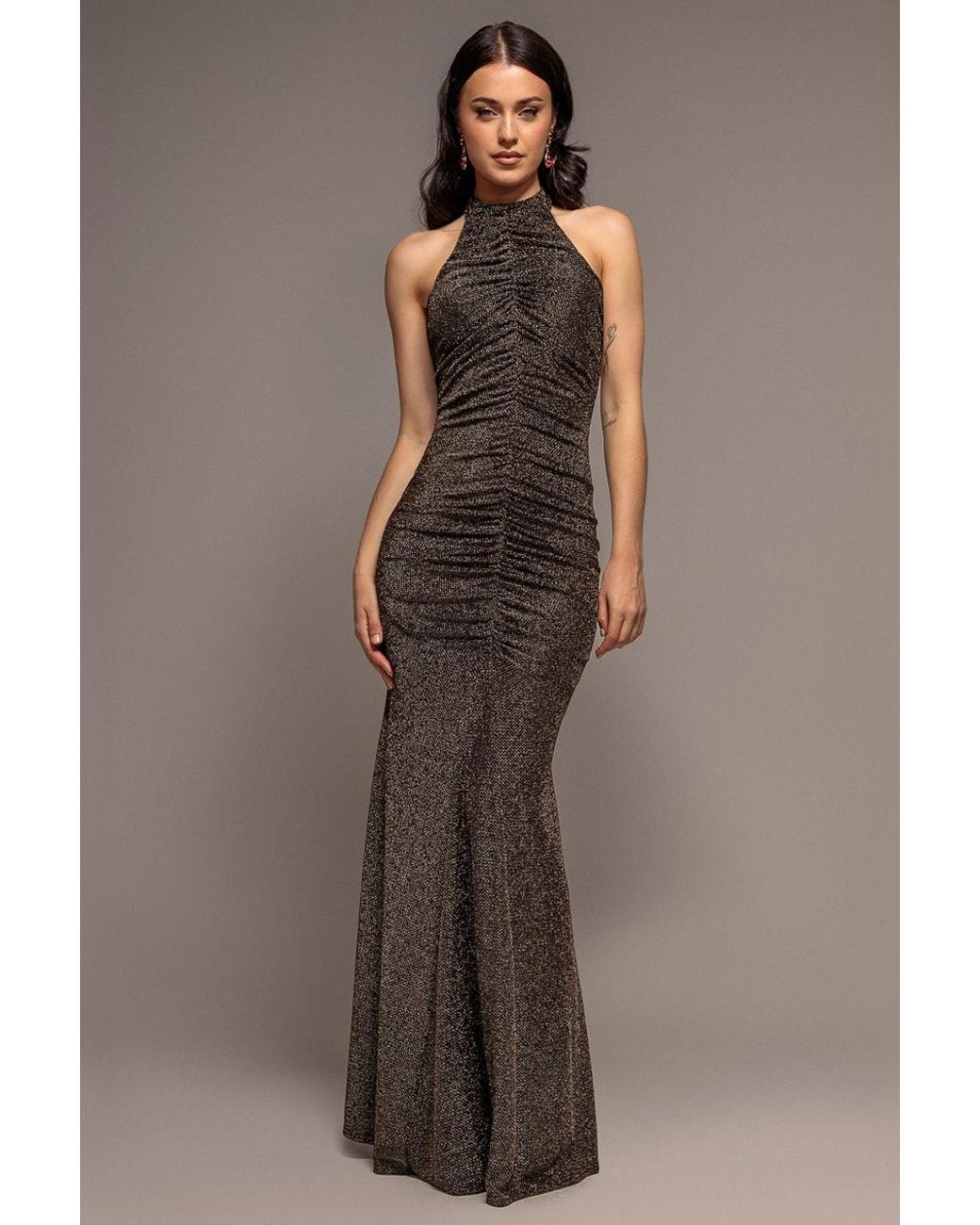 Goddiva Brown Halter Neck Front Gathered Backless Glitter Maxi Dress