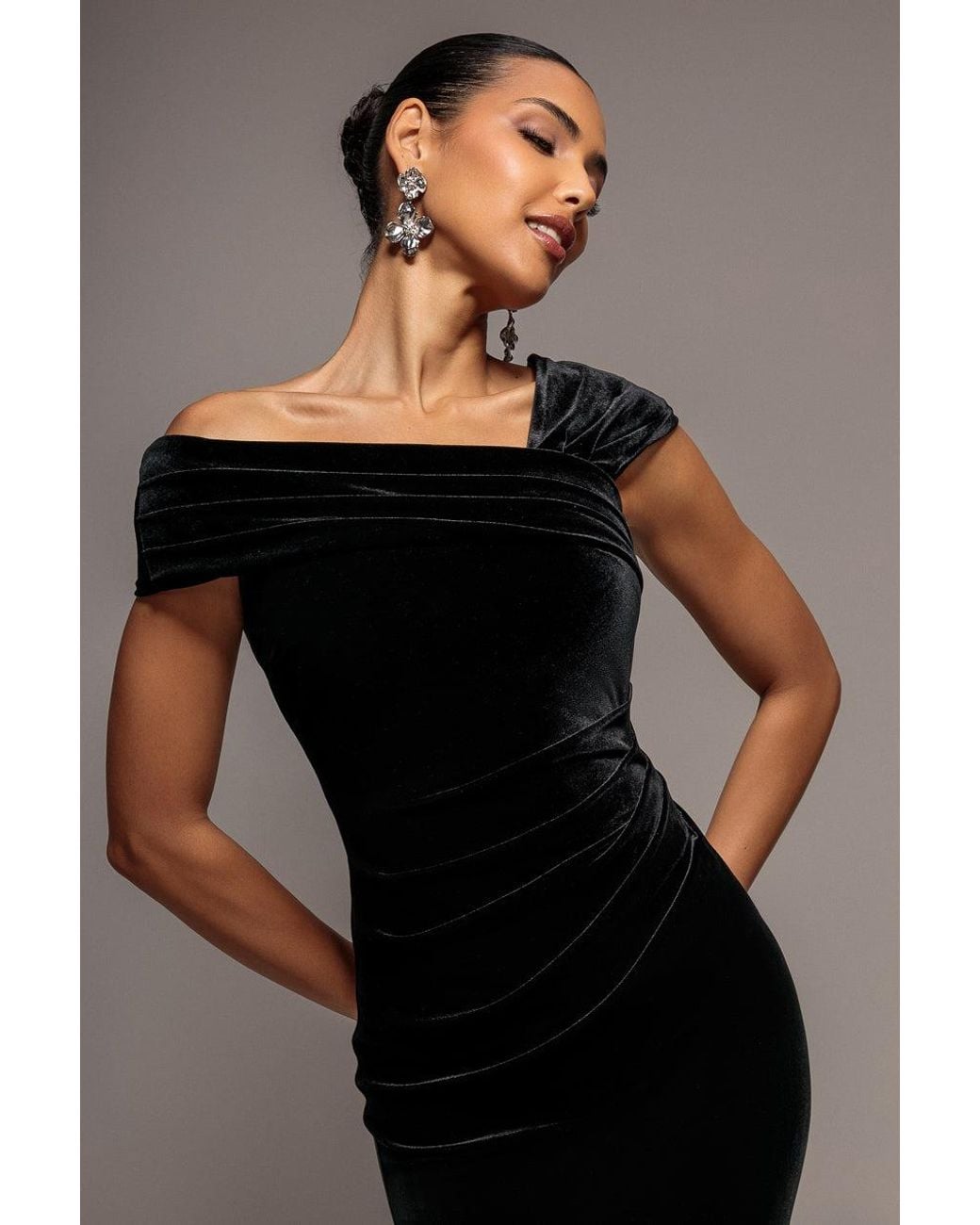 Goddiva Blue One Shoulder Velvet Maxi Dress