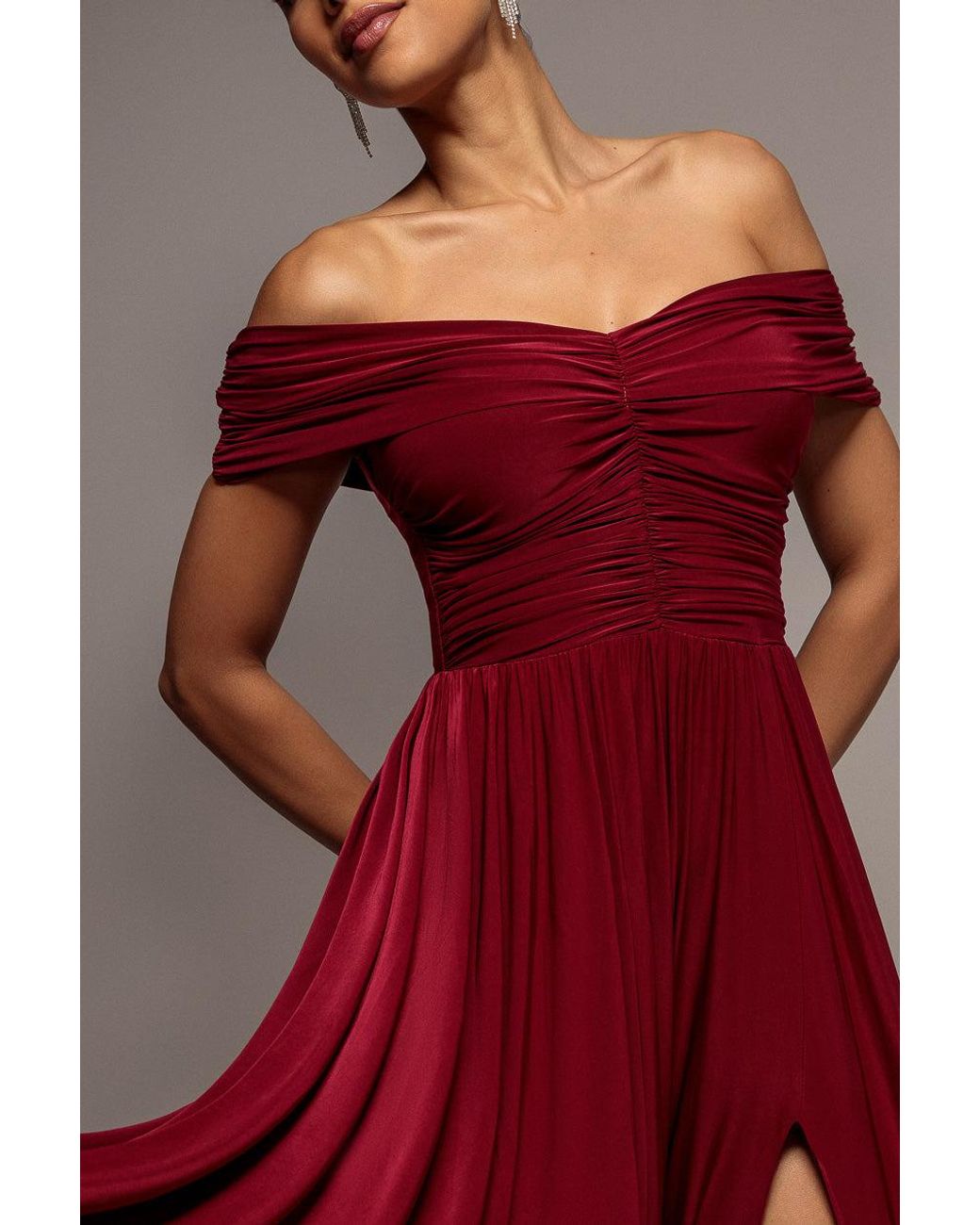 Goddiva Gathered Bardot Maxi Dress With Front Split