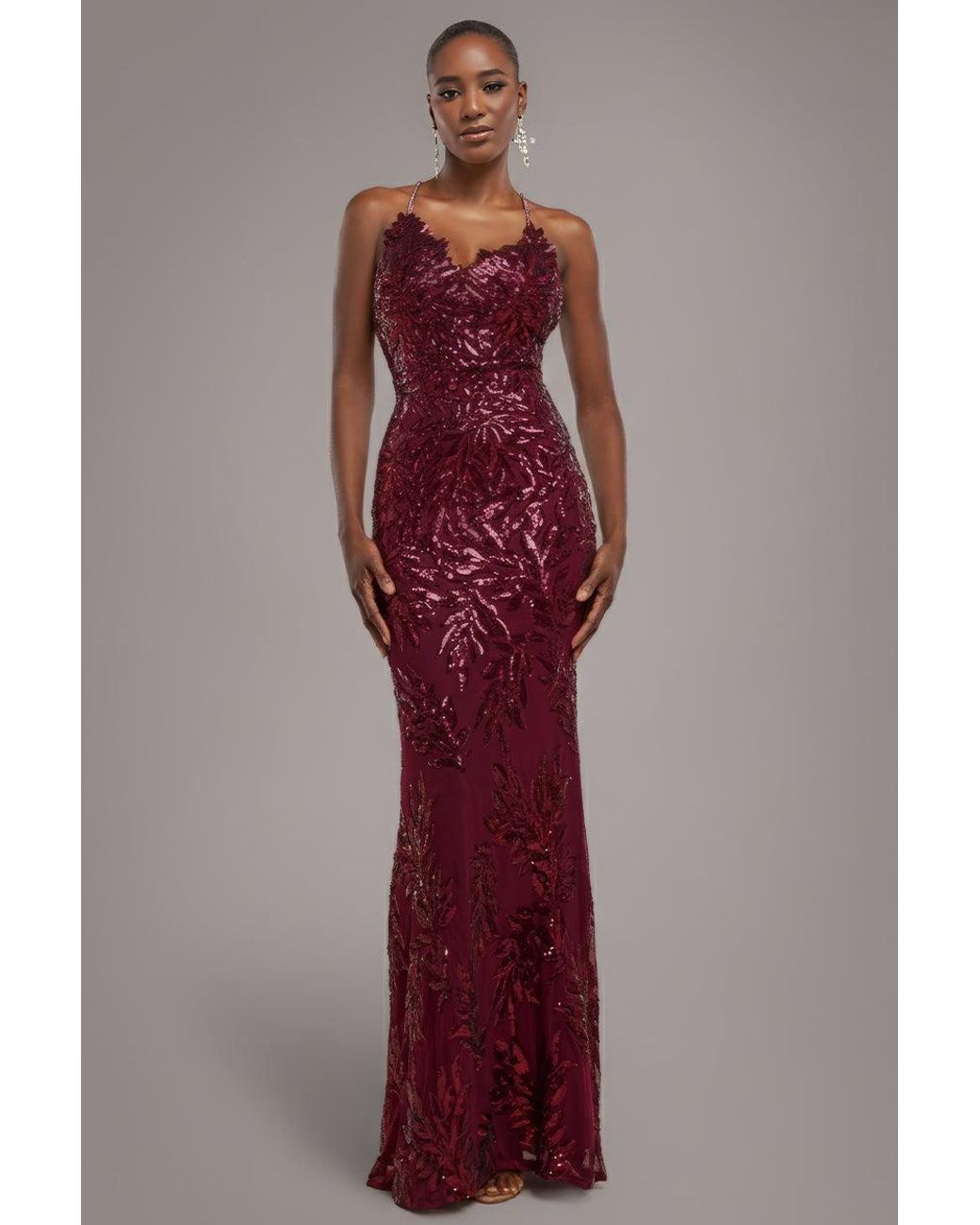 Goddiva Red Cross Back Diamante Strap Sequin Maxi