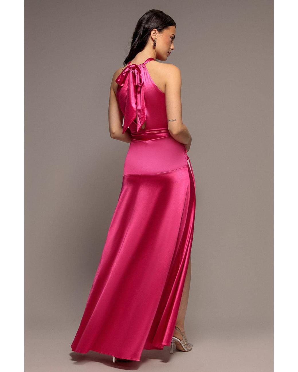Goddiva Pink Halter Neck Front Split Satin Maxi Dress