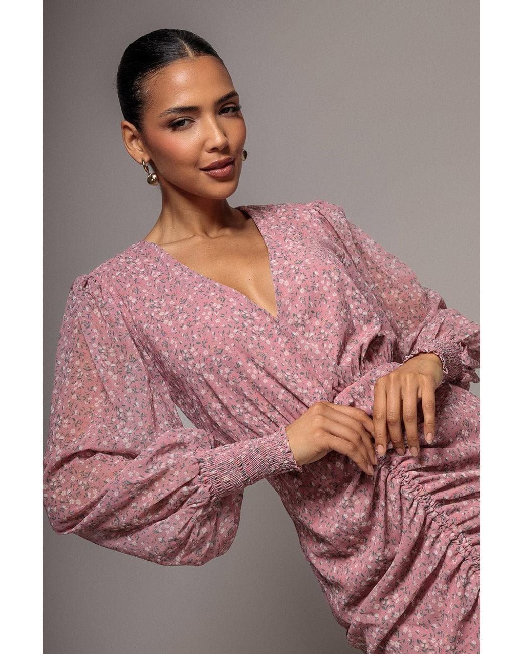 Goddiva Gray Printed Long Sleeve Drawstring Midi Dress