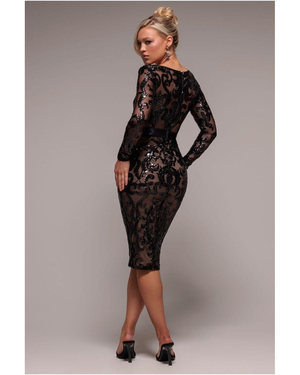 Goddiva Black Sequin & Mesh Midi Dress
