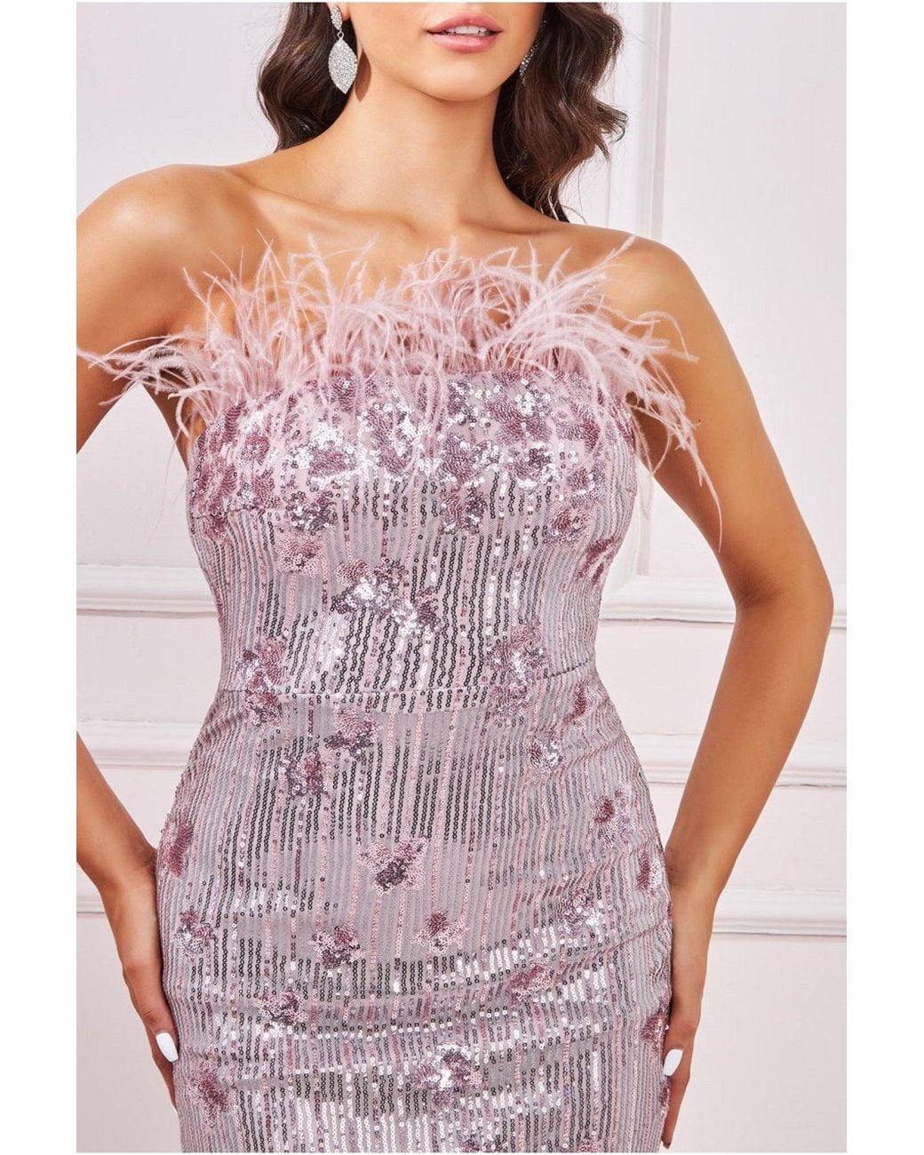Goddiva Pink Sequin And Feather Boobtube Midi