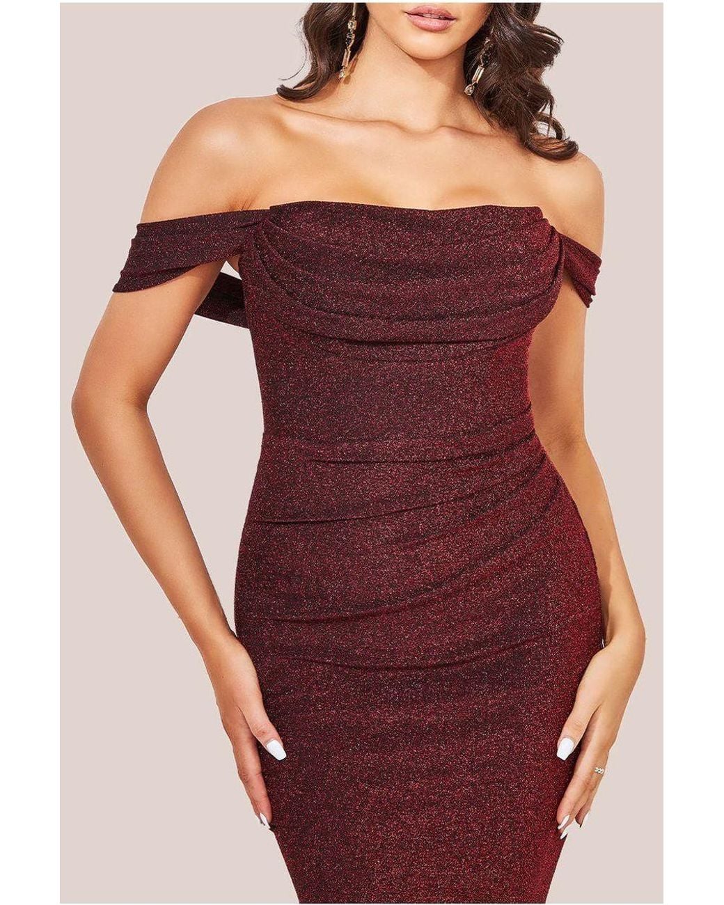 Goddiva Red Lurex Cowl Neck Off The Shoulder Midi