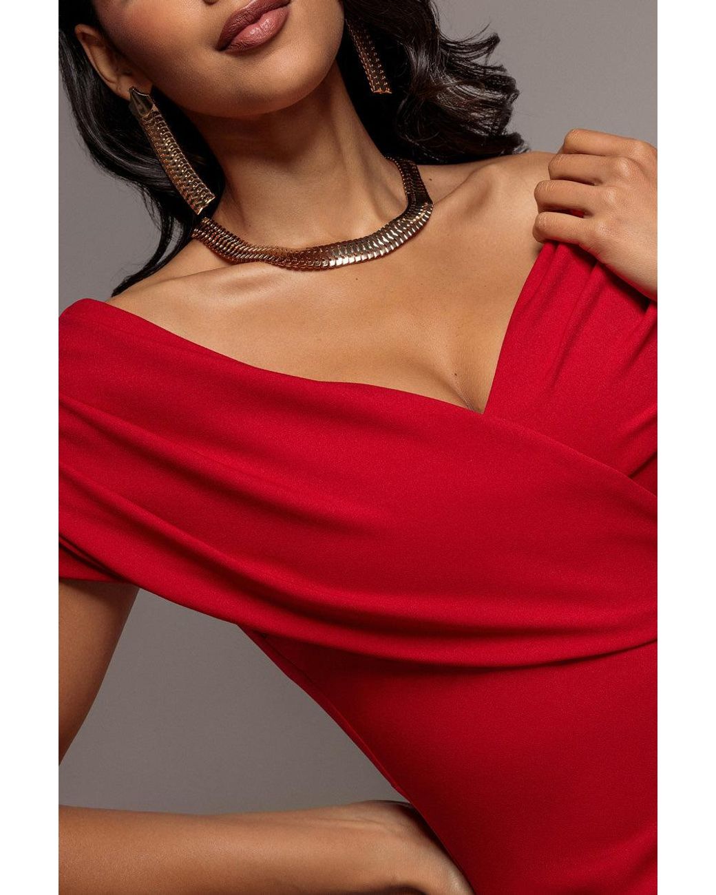 Goddiva Red Pleated Bardot Wrap Mermaid Maxi Dress