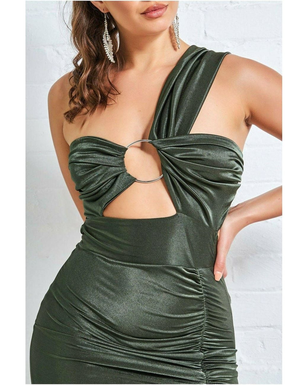 Goddiva Green Ruched One Shoulder Maxi With Ring Detail