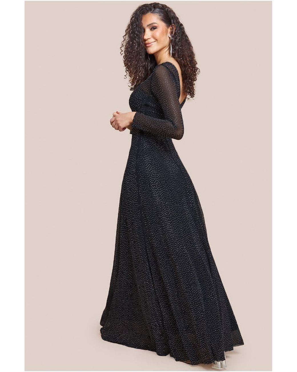 Goddiva Hotfix Diamante Mesh A-Line Long Sleeve Maxi Dress in Grey | Lyst UK