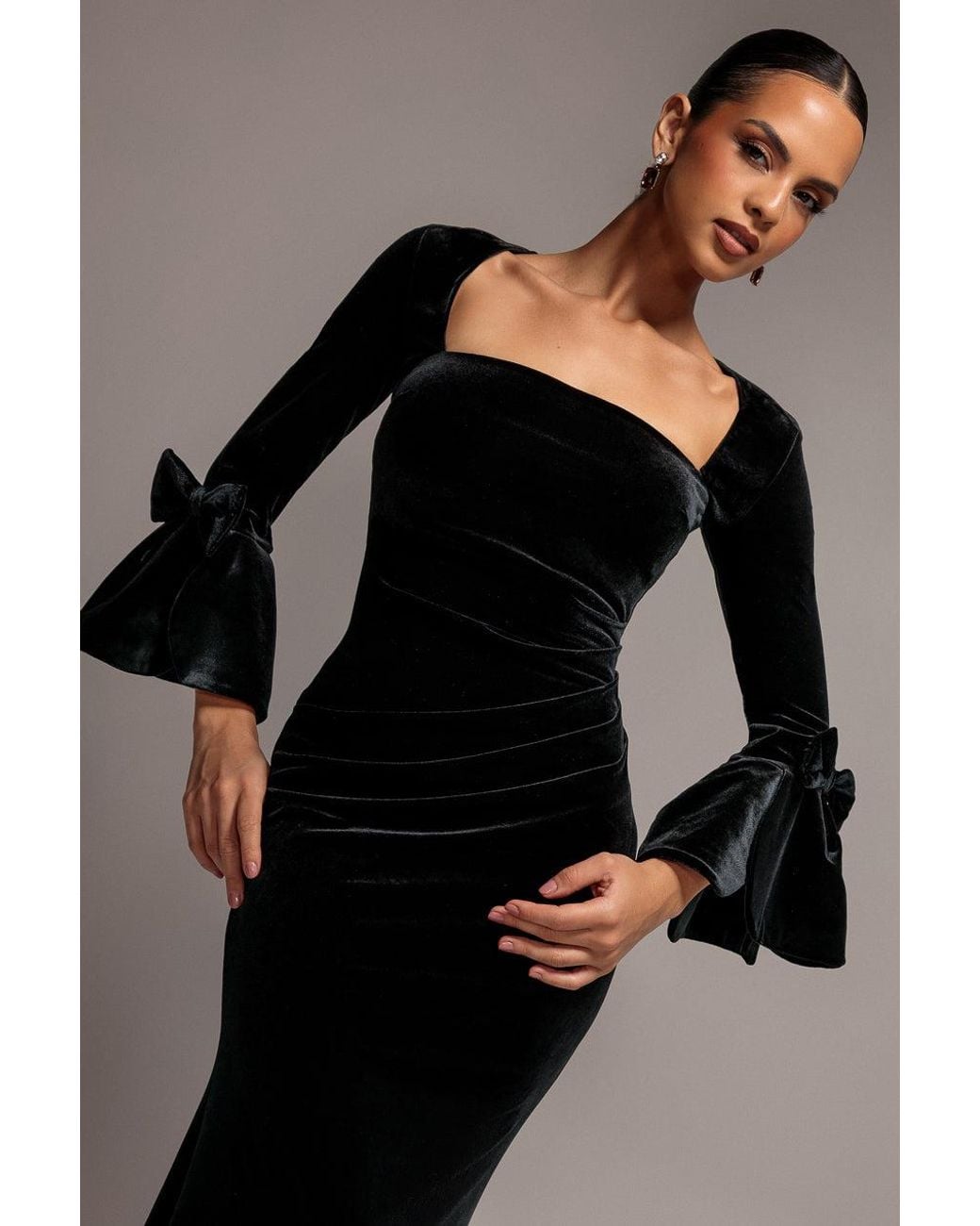 Goddiva Black Petal Bow Sleeve Frill Velvet Maxi Dress