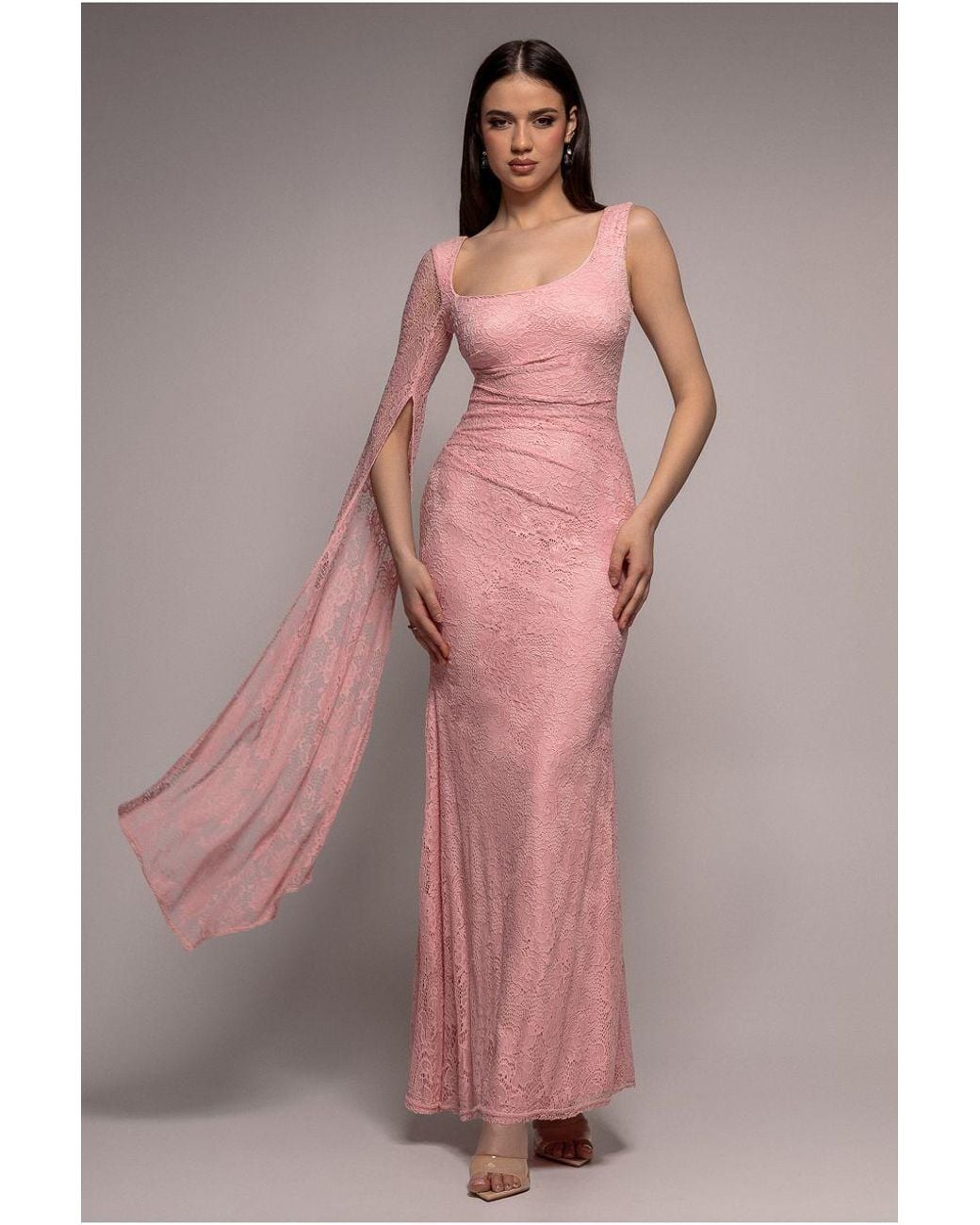 Goddiva Pink One Shoulder Cape Sleeve Pleated Lace Maxi Dress