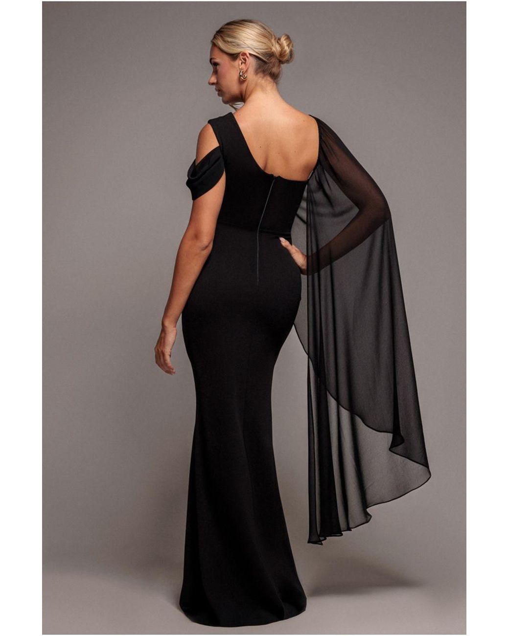 Goddiva Black One Shoulder Chiffon Cape Crepe Maxi Dress