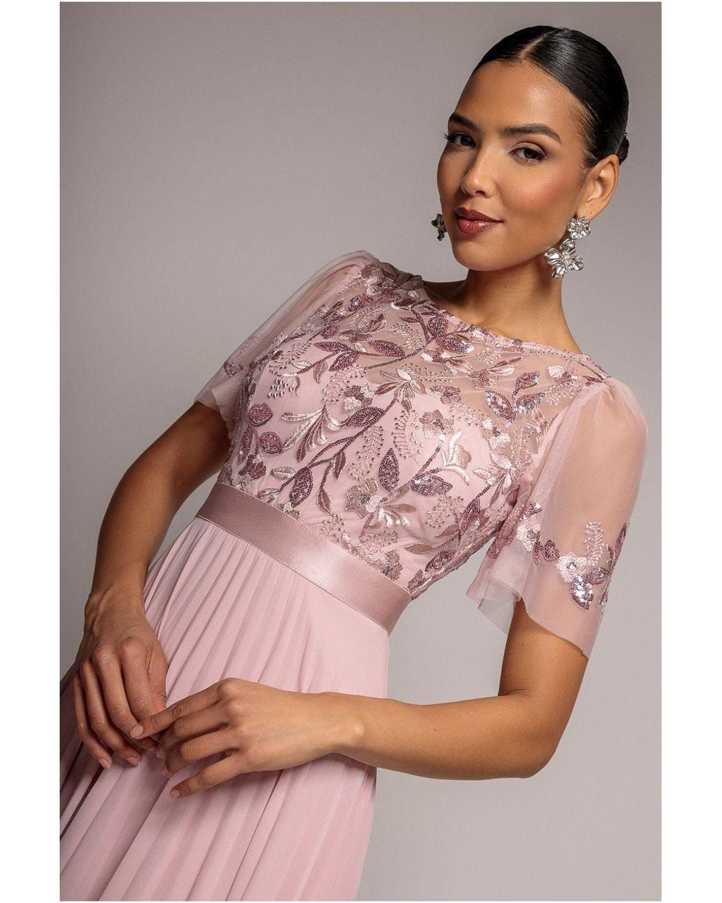 Goddiva Pink Embroidered Top Chiffon Pleated Midi