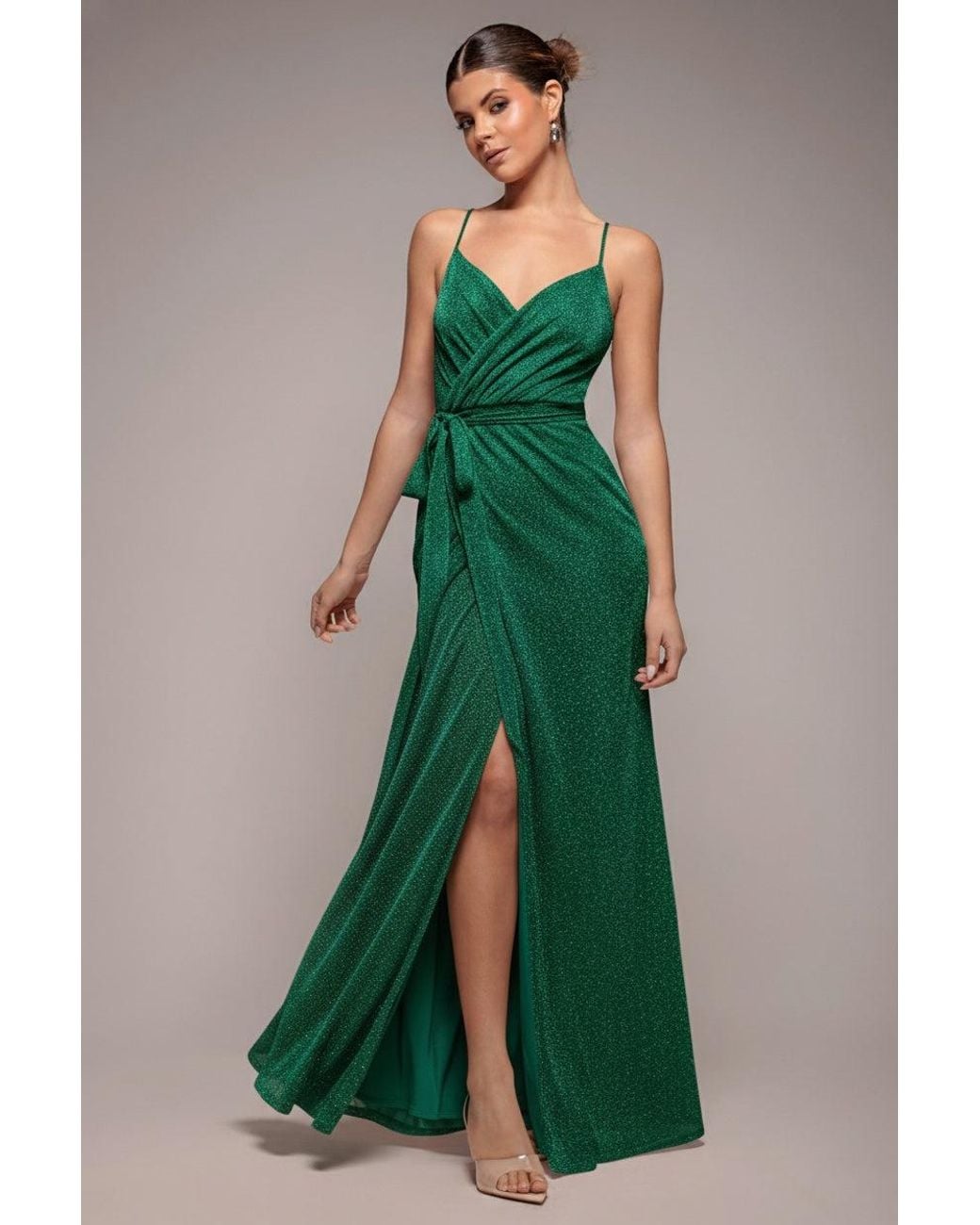 Goddiva Green Wrap Style Spaghetti Strap Maxi With Split