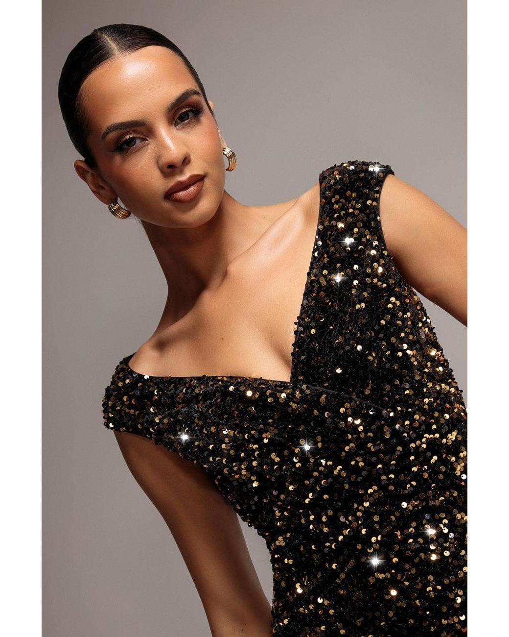 Goddiva Metallic Multi Sequin & Velvet Bardot Maxi