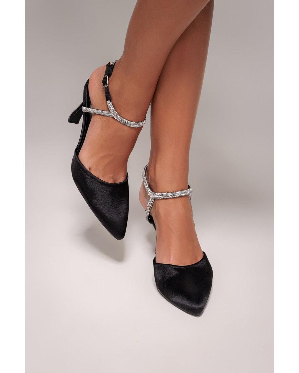 Goddiva Brown Diamante Embellished Satin Slingback Court Heels
