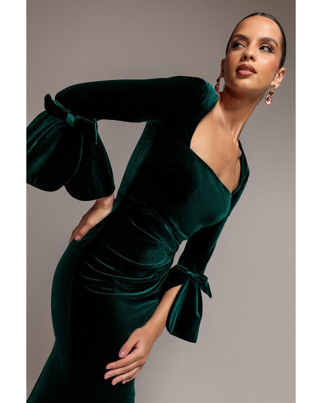 Goddiva Black Petal Bow Sleeve Frill Velvet Maxi Dress