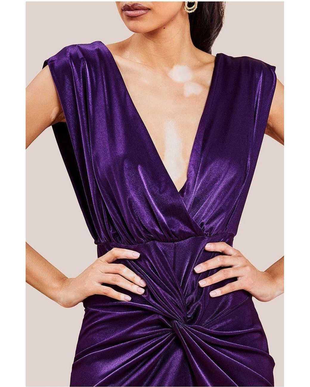 Goddiva Purple Satin Wrap Knotted Midi Dress