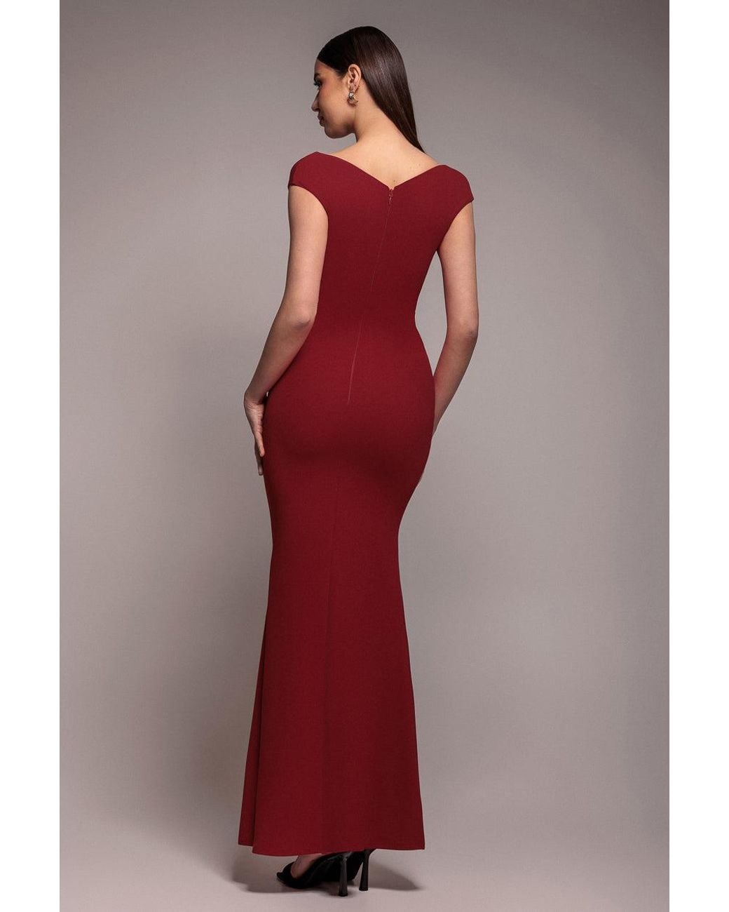 Goddiva Red Bardot Pleated Maxi Dress