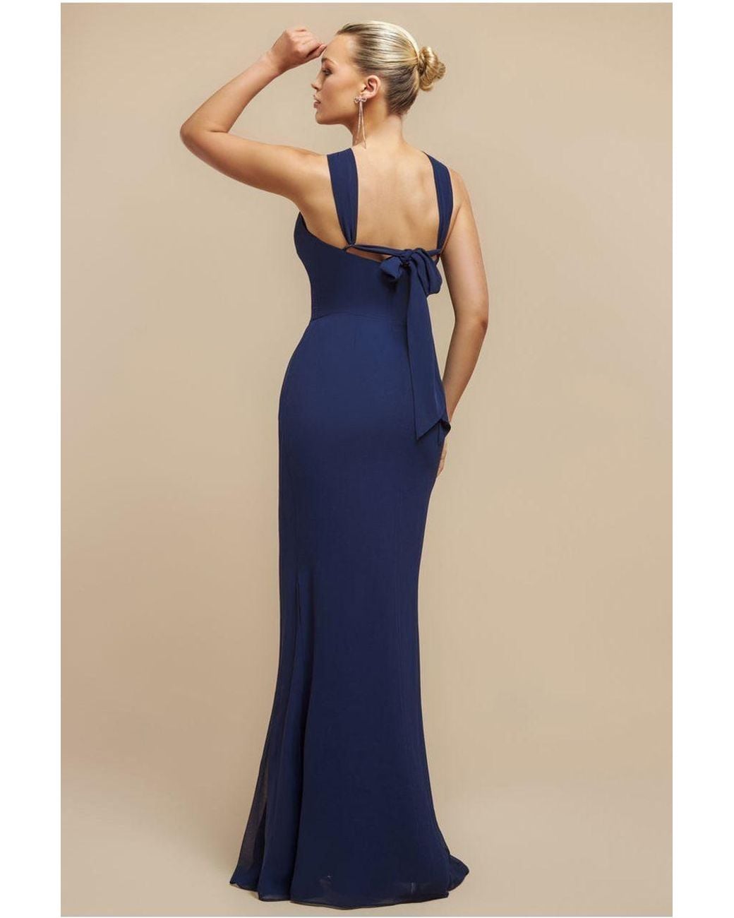Goddiva Blue Halterneck Thigh Split Chiffon Maxi Dress