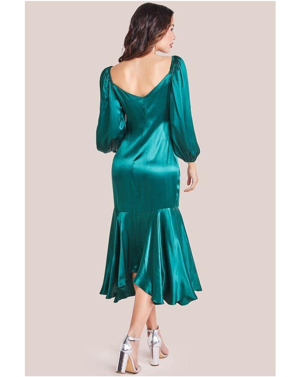 Goddiva Green Satin Viscose Front Buttoned Dipped Hem