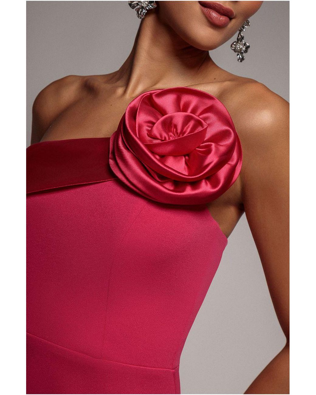 Goddiva Pink Satin Corsage Scuba Crepe Midi Dress