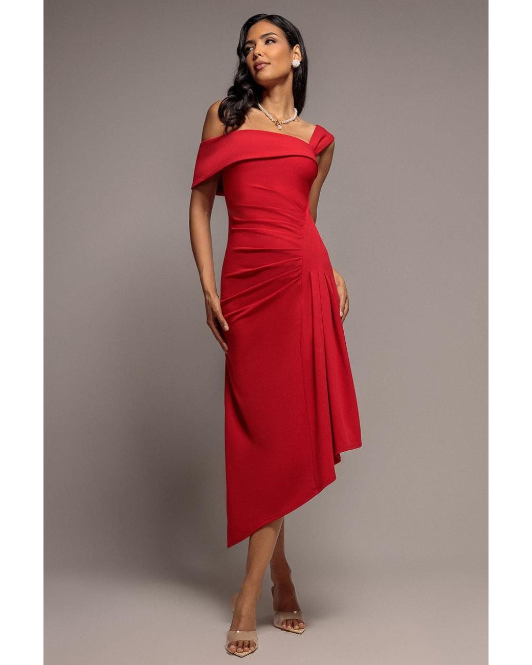 Goddiva Red Off Shoulder Pleated Waist Asymmetric Midaxi Dress