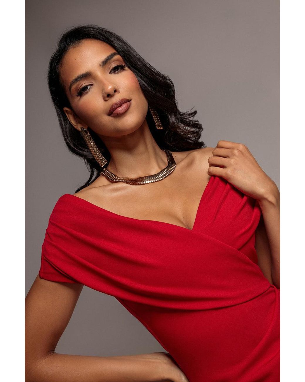 Goddiva Red Pleated Bardot Wrap Mermaid Maxi Dress