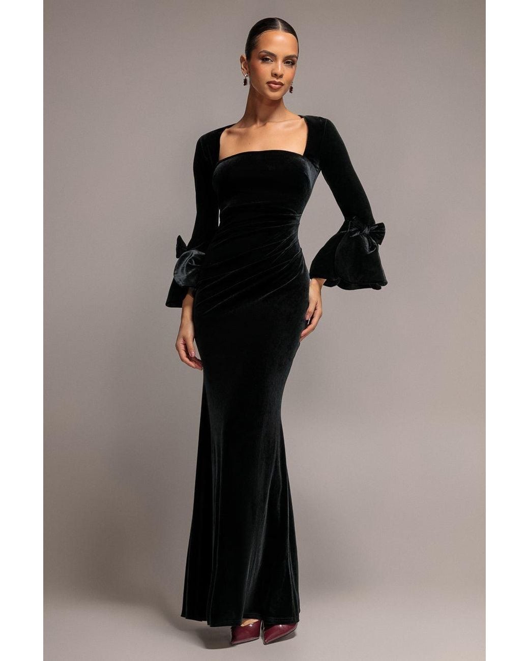 Goddiva Black Petal Bow Sleeve Frill Velvet Maxi Dress
