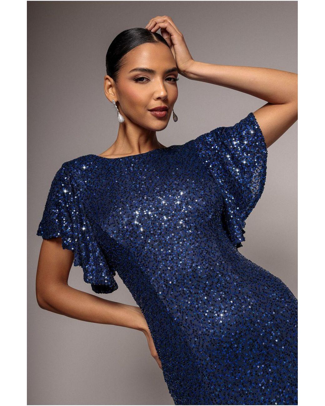 Goddiva Blue Sequin Flutter Sleeve Maxi