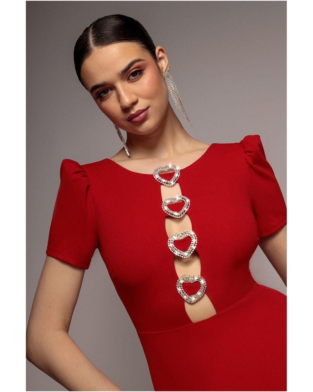 Goddiva Red Diamante Embellished Heart Brooch Scuba Maxi Dress