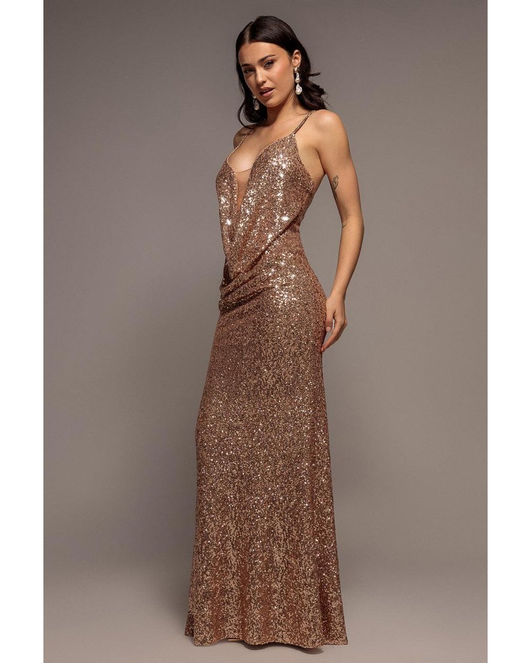Goddiva Brown Plunge Cowl Criss Cross Back Sequin Maxi Dress