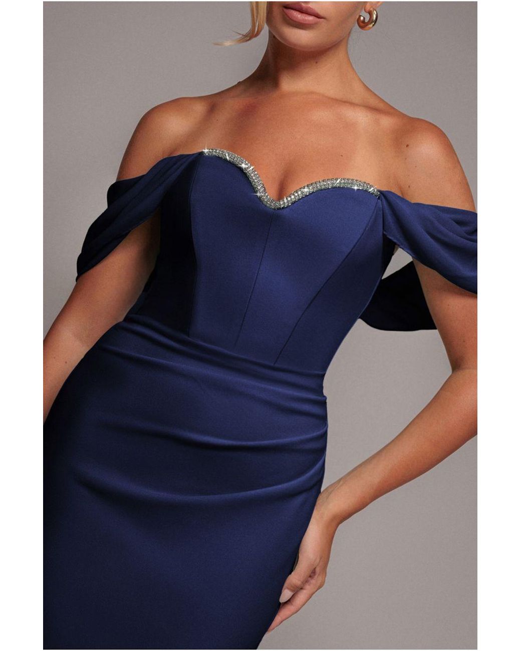 Goddiva Blue Off The Shoulder Draped Sleeve Maxi Dress With Diamante Neckline