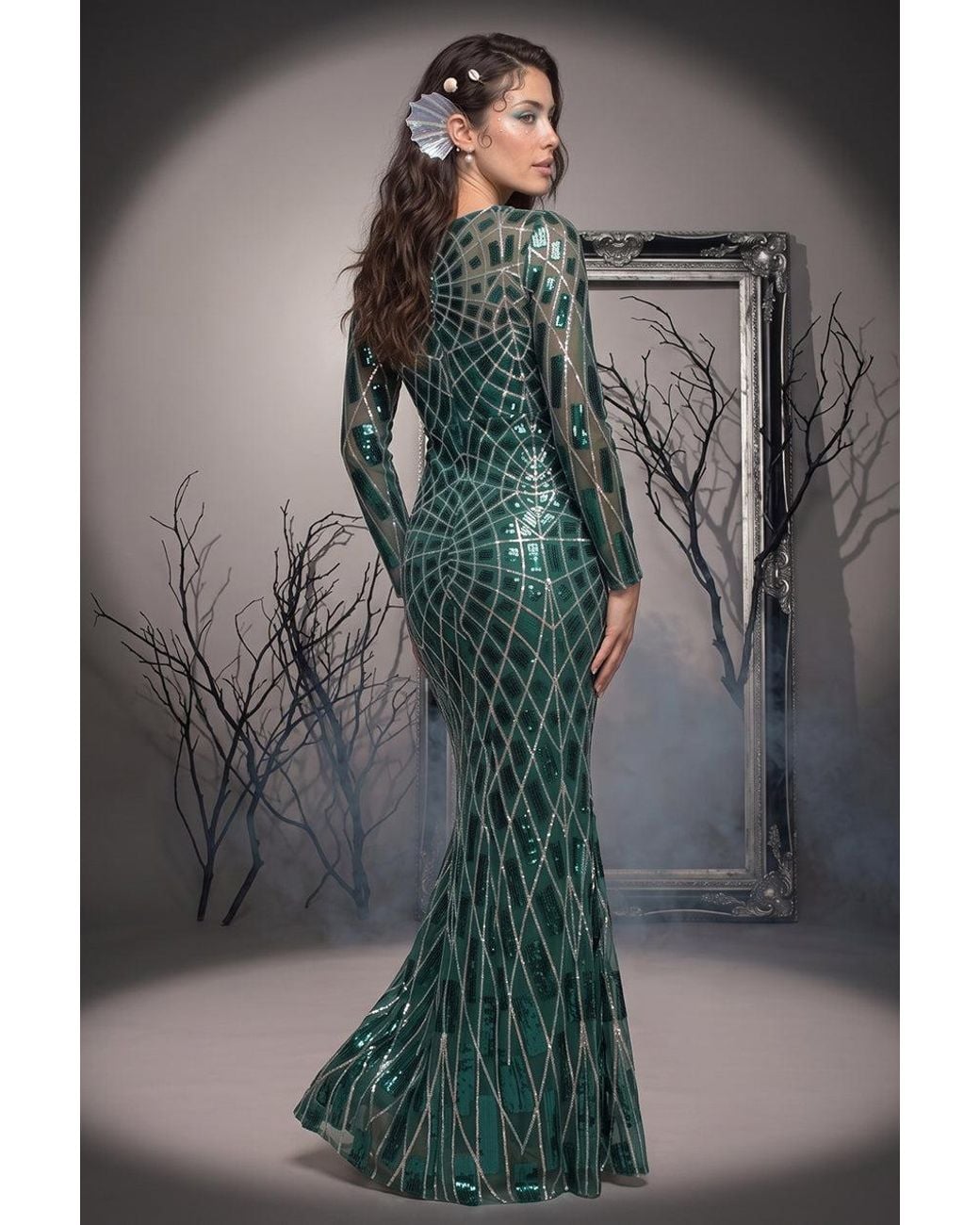 Goddiva Gray Iridescent Long Sleeve Sequin Mermaid Inspired Halloween Costume