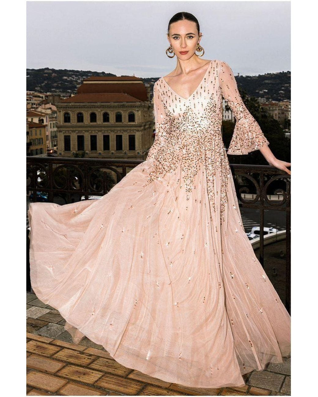 Goddiva Natural Sunray Hand Embellished Sequin A-Line Bell Sleeve Maxi Dress